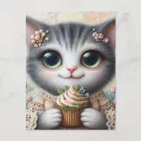 Grey Cat With a Cupcake Postcard