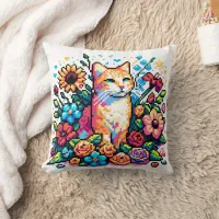 Pixel Art | Cat Sitting in Flowers   Throw Pillow