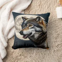 Majestic Wolf Under Full Moon.  Throw Pillow