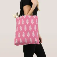 Indian Motif Handblock Print White on Pink Tote Bag
