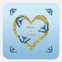 Blue morpho butterfly with golden heart  square sticker