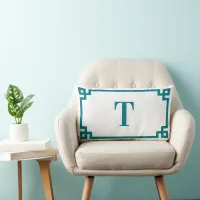 Dark Turquoise Greek Key Border Monogram Lumbar Pillow