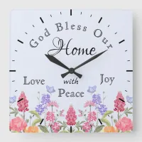 God Bless Our Home Floral Wildflowers Blue Square Wall Clock