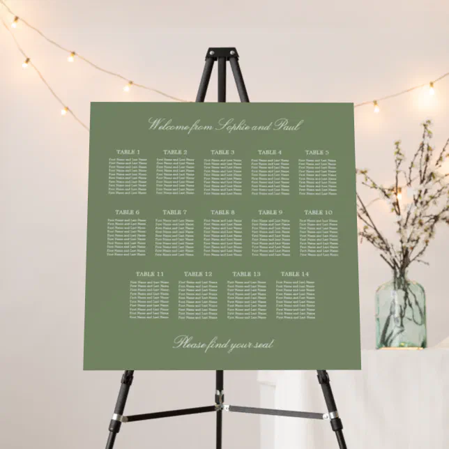 Sage Green 14 Table Wedding Seating Chart Foam Board