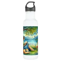 Girl Reading a Book under a Tree with a Sleepy Cat Stainless Steel Water Bottle