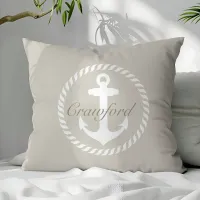 Thumbnail for Preppy Beige & White Nautical Anchor Monogram Throw Pillow