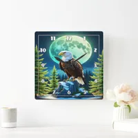 Eagle Perched on Rock Under Full Moon Square Wall Clock