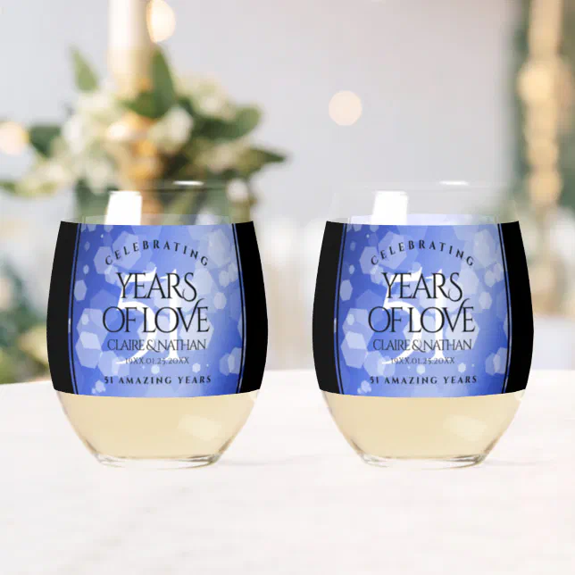 Elegant 51st Sapphire Wedding Anniversary Stemless Wine Glass