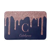 Navy Blue Rose Gold Dripping Glitter Monogram Bath Mat