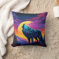 Majestic Wolf Howling Under Vibrant Moonlight Throw Pillow