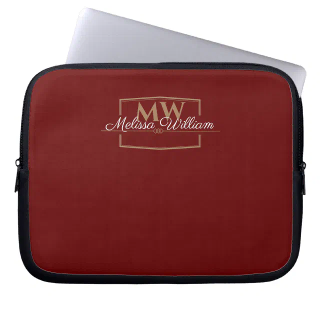 Red White Gold Monogram Name Script Laptop Sleeve