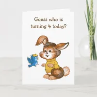 Cute Bunny and Bluebird Kids Fourth Birthday Card