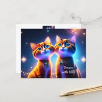 Cute cat couple under the starry sky -    postcard