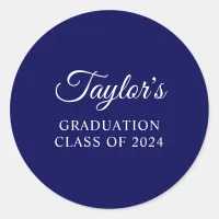 Navy Blue Stylish Script Graduation Classic Round Sticker