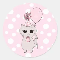 Cute Little Kitten holding Birthday Gift Balloon Classic Round Sticker