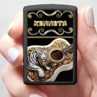 White Gold Guitar with Tiger Engraving Zippo Lighter