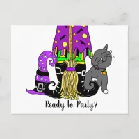 Witch, Cat and Spiderweb Cute Halloween Invitation Postcard