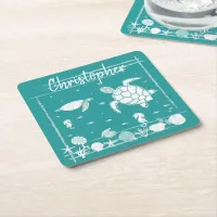 Cool Blue Sea Turtles Custom Square Paper Coaster