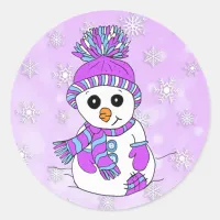 Cute Cartoon Purple Snowman  Snowflake Christmas Classic Round Sticker