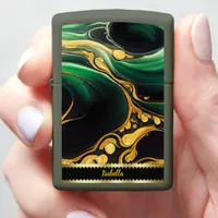 Emerald swirls and golden accents in marble art zippo lighter