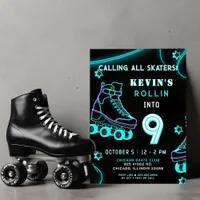 Retro Fun Neon Glow Roller Skate Birthday Invitation