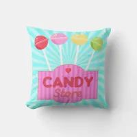 Retro Candy Store Pastel Lollipops on Stripes Throw Pillow