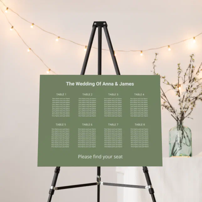 Modern Sage Green 8 Table Seating Chart Foam Board