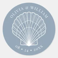 Dusty Blue Seashell Beach Coastal Wedding  Classic Round Sticker