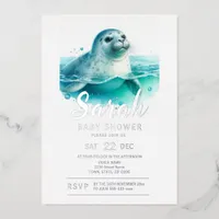 Tropical Seal Coastal Baby Shower Foil Invitation