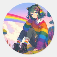 LGBTQIA+ Anime Girl Lesbian Pride  Classic Round Sticker