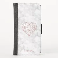 Girly Faux Rose Gold Geometric Heart Marble Style iPhone X Wallet Case