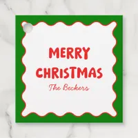 Retro Wavy Red and Green Custom Merry Christmas Favor Tags