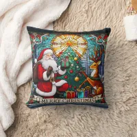 Santa gifts joy to a reindeer by a Christmas tree Throw Pillow