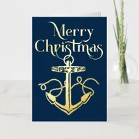 Nautical Merry Christmas Anchor Navy Gold  Foil Holiday Card