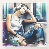 Woman Sleeping on the Subway Listening to Music Glass Coaster