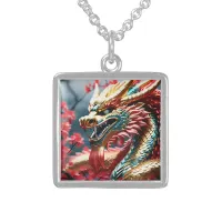 Fire breathing dragon gold blue and red scales sterling silver necklace