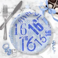 Sweet Sixteen Sparkle Word Cloud Blue ID265 Paper Plates