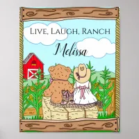 Personalized Cute Cowgirl and Teddy Bear on Ranch  Poster
