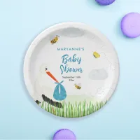 Rustic Stork with Bee & Butterfly Boy Baby Shower Paper Plates