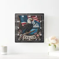 Eagle Perched With American Flag and Mountains Square Wall Clock