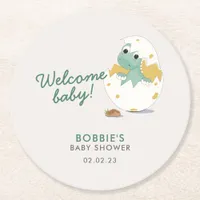 Cute Baby Dino in Egg Baby Shower Welcome Party Round Paper Coaster