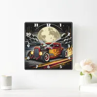 Classic hot rod cruising under a full moonlit sky square wall clock