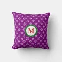 Wreath Monogram White Snowflakes Purple Background Throw Pillow