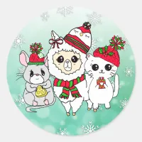 Christmas Llama, Kitten and Mouse Holiday Classic Round Sticker