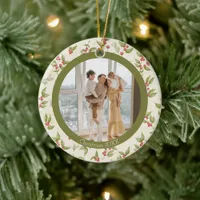 Elegant Red Holly Berries Green Frame Family Photo Ceramic Ornament