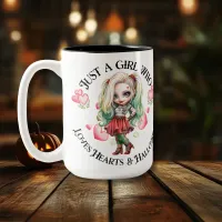 "Just a Girl Who Loves Hearts and Halloween" Two-Tone Coffee Mug