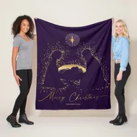 Nativity Manger Christmas Purple  Gold Custom Name Fleece Blanket