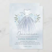 Dusty Blue Silver glitter Floral Dress Quincea&#241;era Invitation