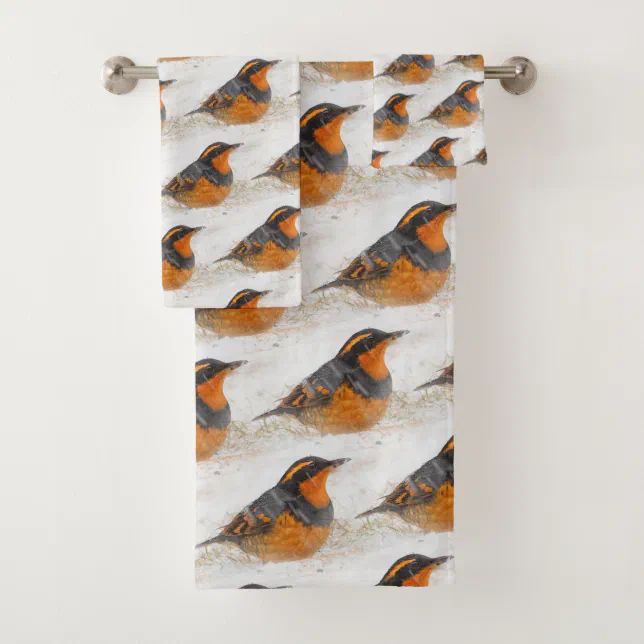 Beautiful Varied Thrush on a Snowy Winter's Day Bath Towel Set