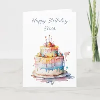 Personalized Watercolor Birthday Cake Holiday Card